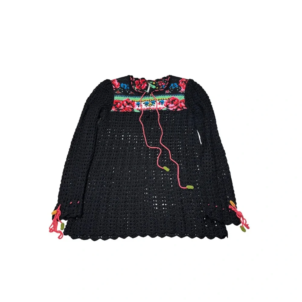 Free People Crochet Knit Floral Quilted Tunic Top Black Women XS Wool Blend Boho